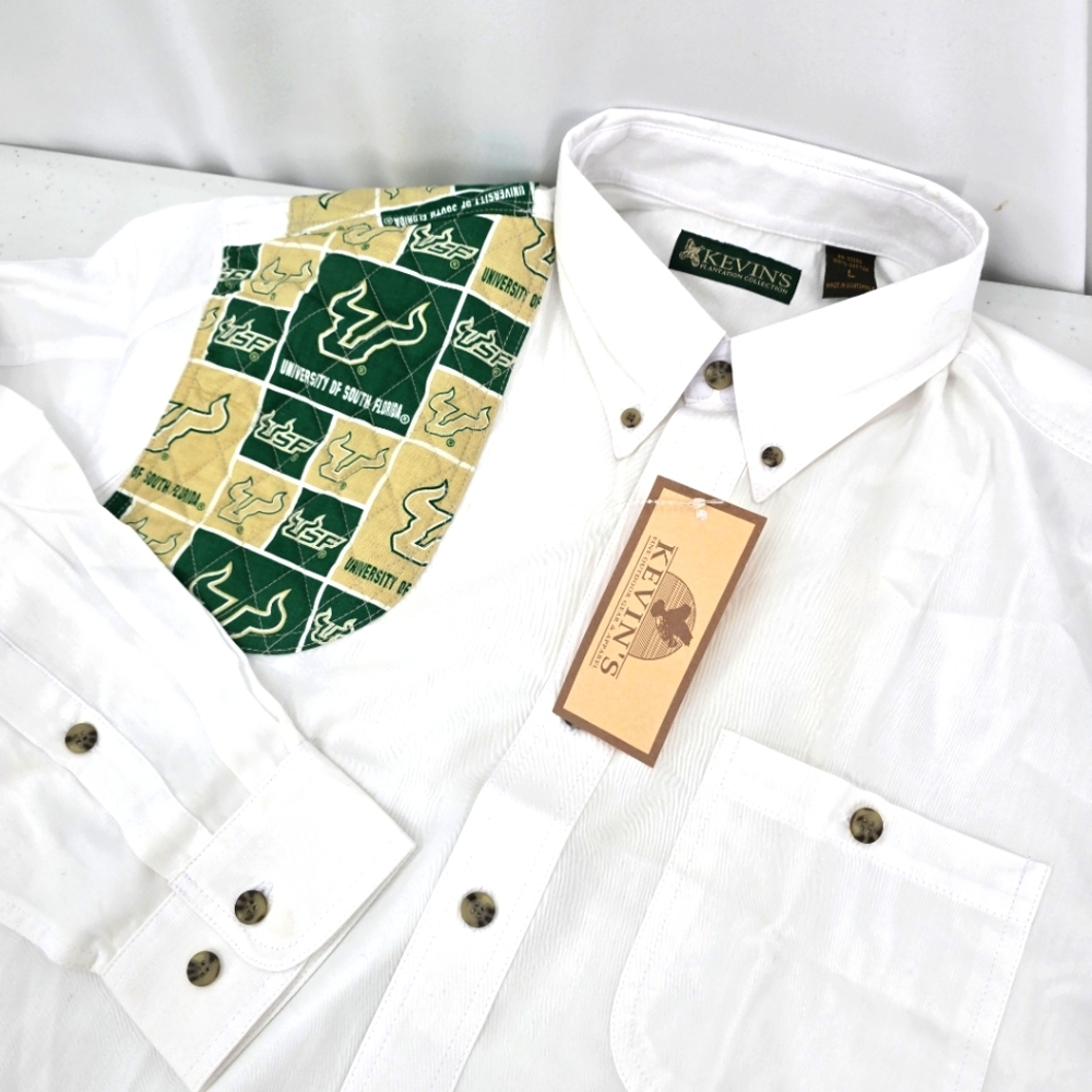 NWT Kevin’s Plantation Collection‎ White Long Sleeve USF Shoulder Patch Size L.